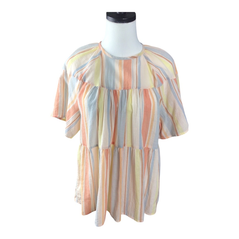 Ana Babydoll Pastel Multi-Stripe Cotton Short Sleeve Top Large